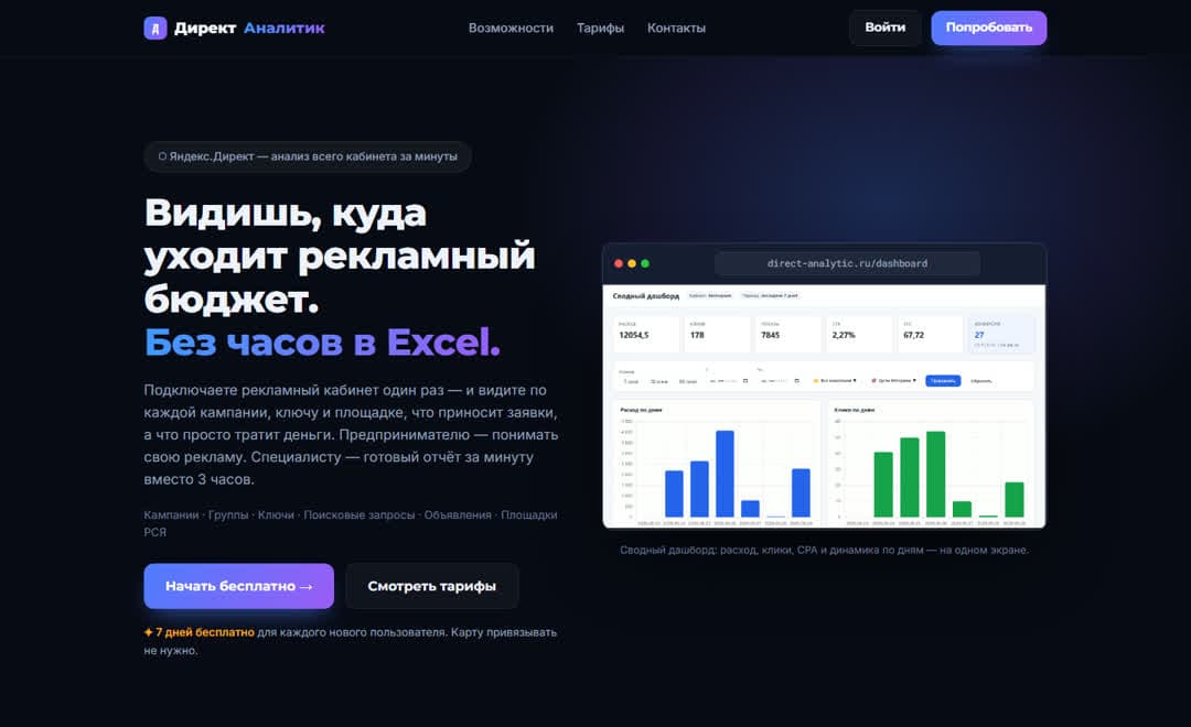 Директ Аналитик — сводный дашборд рекламных кампаний
